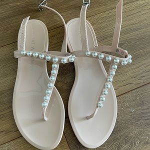Stuart Weitzman Nude Pink Pearl-Embellished T-Strap Sandals
